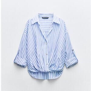 Zara Striped Blend Knotted Shirt Blue and White  S